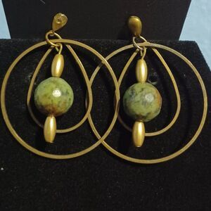 Vintage Gold-Toned Double Hooped Dangle Earrings w/ Green & Gold Stones